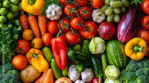  Pile of colorful fruits and vegetables healthy lifestyle wellness vegetarian tomatoes pepper veggy background