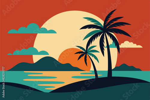 Tropical island paradise. Vintage poster background with palms and sea waves vector © mobarok8888