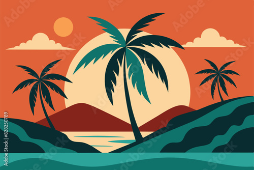 Tropical island paradise. Vintage poster background with palms and sea waves vector