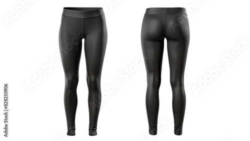 Black high-waisted leggings mockup, front and back view isolated PNG on transparent background photo