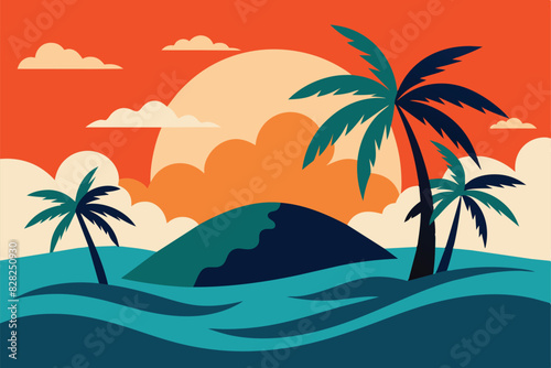 Tropical island paradise. Vintage poster background with palms and sea waves vector