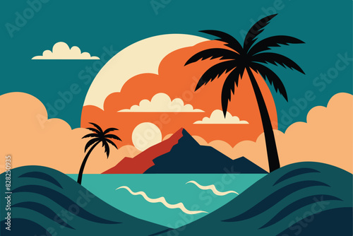 Tropical island paradise. Vintage poster background with palms and sea waves vector © mobarok8888