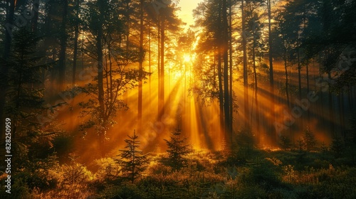 A photo of a beautiful sunrise illuminating a forest  creating a peaceful and serene atmosphere.