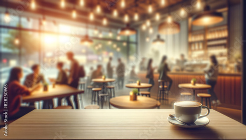 A cup of coffee on the foreground with a blurry background of a bustling cafe  warm lighting  depicting relaxation and social interaction. Generative AI