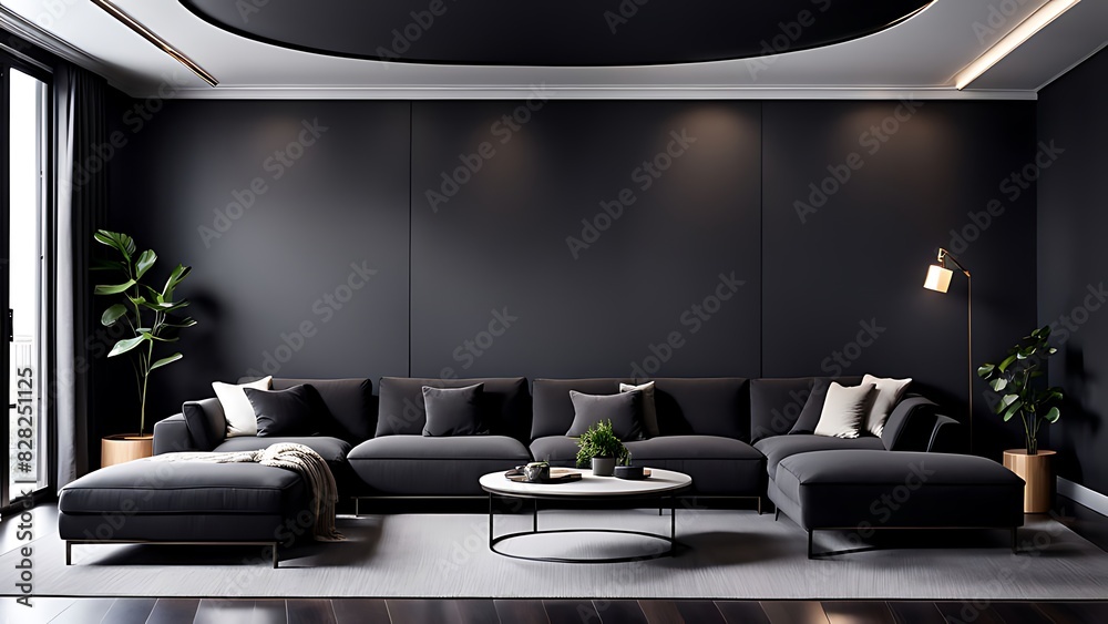 Fototapeta premium Living room in gray and black, Minimalist design with blank empty dark interior, graphite modern sofa, herringbone beige accent, 3D render