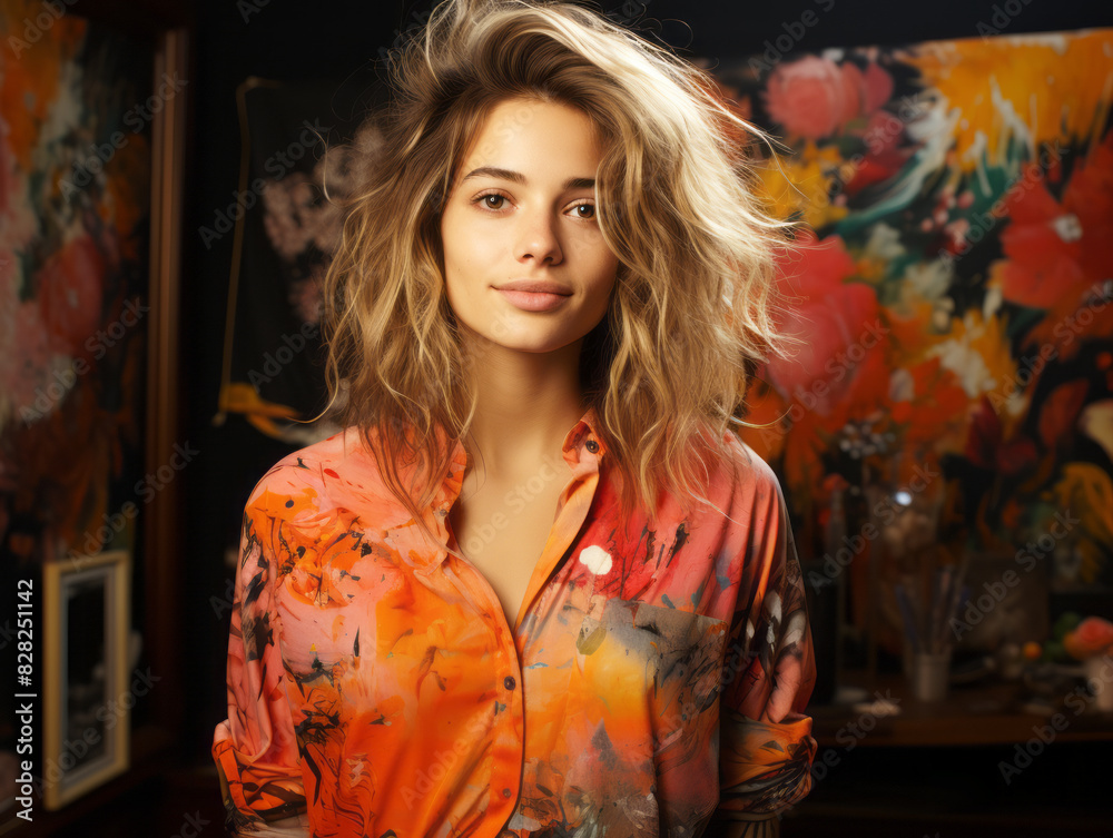 A young woman with blonde hair in a colorful blouse, in front of a vibrant floral painting background, embodying an artistic concept. Generative AI