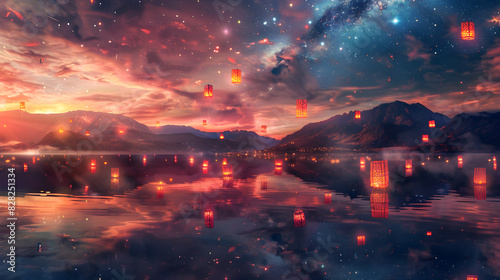 Ethereal Twilight Dreamscape with Glowing Lanterns and Celestial Sky Over Iridescent Lake © Ollie