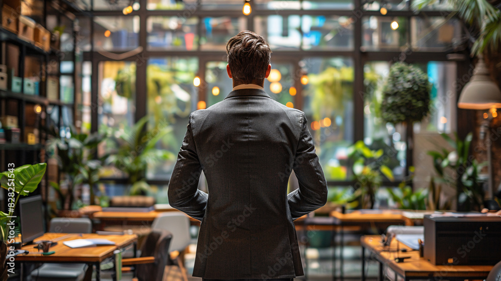 Businessperson standing in a contemporary office, looking out at the city, ready for a successful day Businessperson standing in a contemporary office, looking out at the city, ready for a successful day