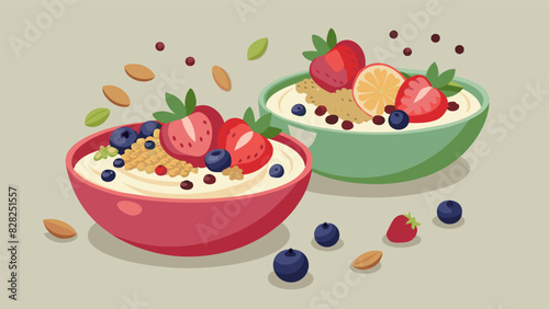 Nutritious smoothie bowls filled with fresh berries chia seeds and crunchy granola.. Vector illustration
