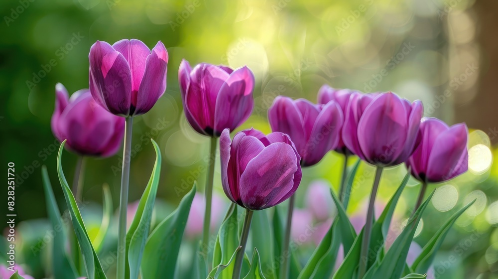 Group of purple Tulips in a natural colorful closeup with a green background