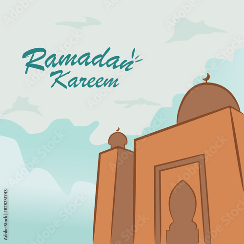 Ramadan Kareem cartoon, holiday cover. Arabic text Ramadan Kareem. Beautiful modern design with mosque
