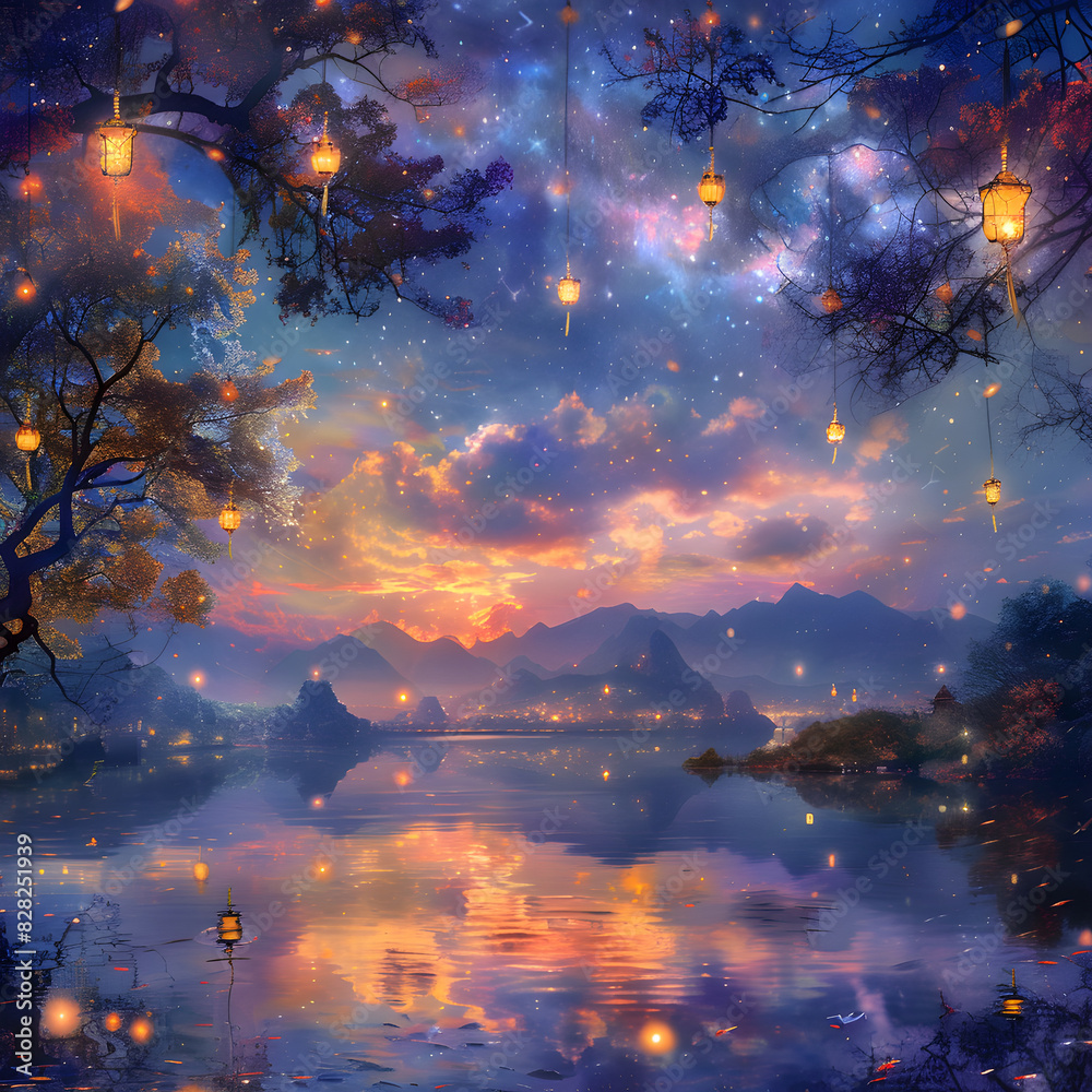 Ethereal Twilight Dreamscape with Glowing Lanterns and Celestial Sky Over Iridescent Lake