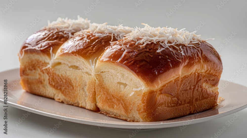 Delicious Homemade School Bread with Custard Filling and Coconut Topping on White Background Delicious Homemade School Bread with Custard Filling and Coconut Topping on White Background