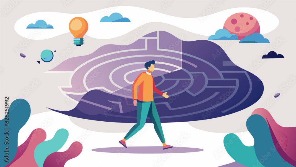 As I walked the labyrinth my mind drifted to memories and thoughts but each time I refocused on my breath and the present moment allowing for a deeper understanding and inner. Vector illustration As I walked the labyrinth my mind drifted to memories and thoughts but each time I refocused on my breath and the present moment allowing for a deeper understanding and inner. Vector illustration
