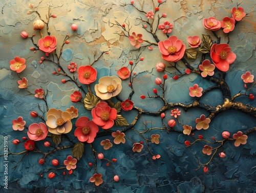 The flowers seem to be crafted from paper or a similar material, their layered petals adding depth to the scene. The image is notable for its three-dimensional quality and the use of mixed media, whic