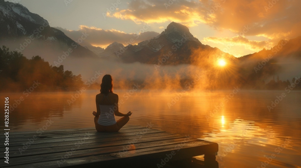 Tranquil Morning Yoga by the Lakeside with Misty Mountain View Tranquil Morning Yoga by the Lakeside with Misty Mountain View