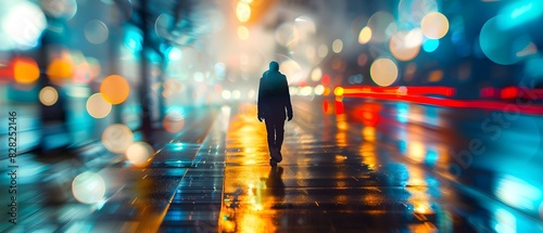 Mysterious Silhouetted Figure Walks Through Blurred Street Lights and Raindrops at Dusk © Rudsaphon
