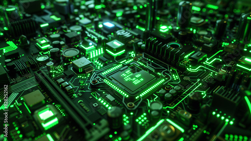 An intricate motherboard design with glowing green pathways.