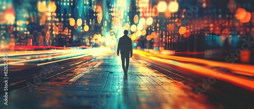 Silhouetted Figure Dashing Through Glowing City Street at Nightfall