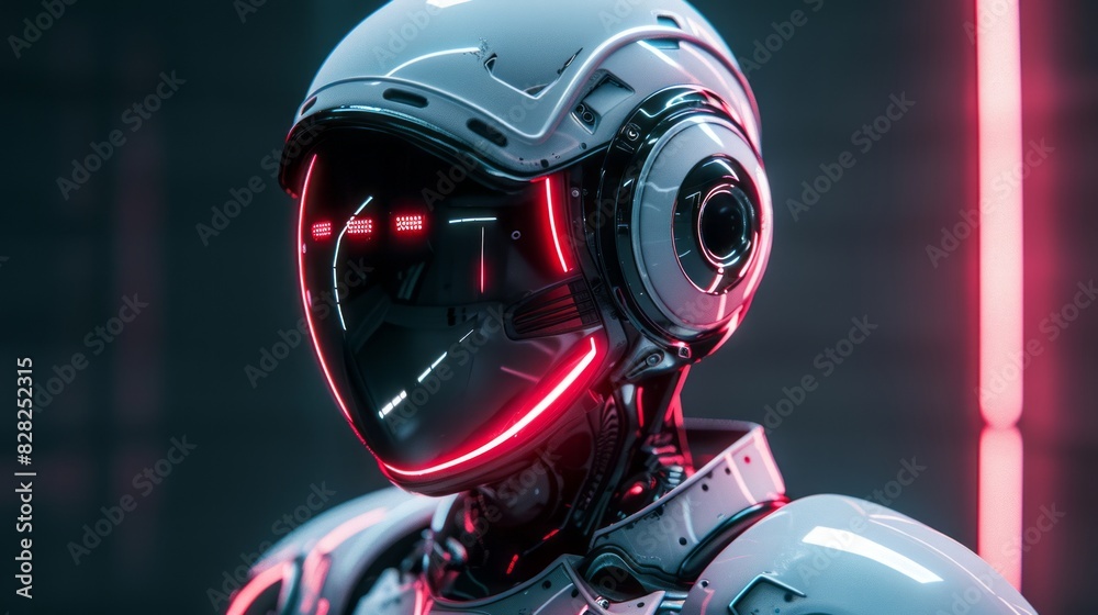 A futuristic robot with glowing red eyes, The man is wearing a blue lighted helmet and a jacket with orange details 3d rendering. A futuristic robot with glowing red eyes, The man is wearing a blue lighted helmet and a jacket with orange details 3d rendering.