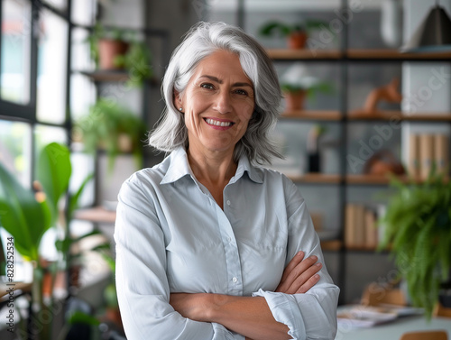 Erfolgreiche Geschäftsfrau im Alter um die 50 posiert an ihrem Arbeitsplatz photo