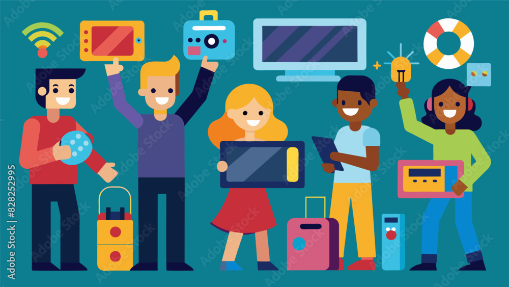 As attendees browse through displays of old toys and gadgets they excitedly point out ones they used to own or always wanted.. Vector illustration As attendees browse through displays of old toys and gadgets they excitedly point out ones they used to own or always wanted.. Vector illustration