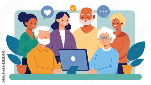 A group of seniors participating in a telehealth program to learn about managing their diabetes and improving their overall health.. Vector illustration
