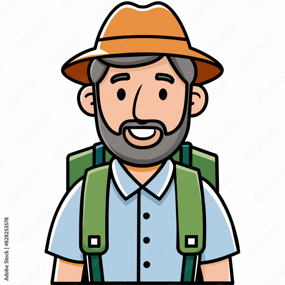 The cartoon character is a happy man with a beard, hat, and backpack