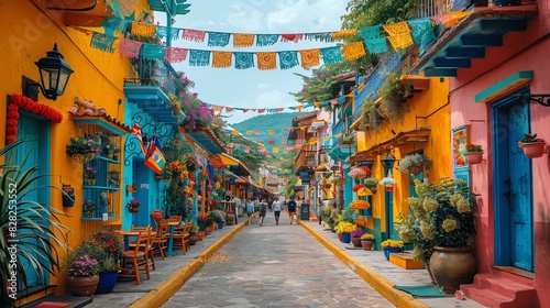 A lively street filled with colorful decorations and Pride flags © Nattapong