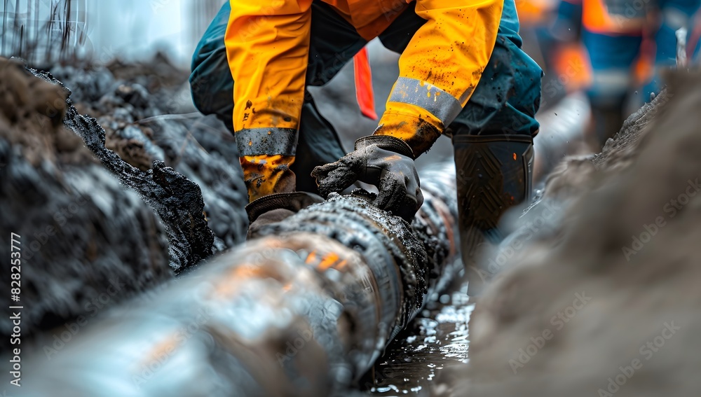 Worker working on a pipe in the ground, wearing a yellow and orange uniform Worker working on a pipe in the ground, wearing a yellow and orange uniform