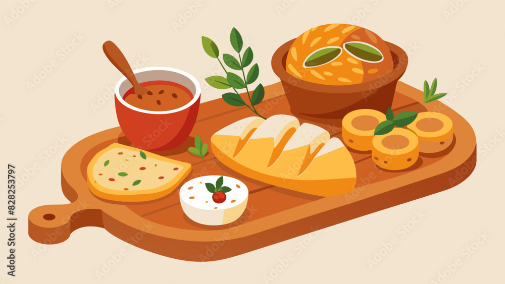 A rustic bread board featuring a mix of savory breads like sourdough focaccia and cheesy garlic pullapart alongside small bowls of herb butter. Vector illustration A rustic bread board featuring a mix of savory breads like sourdough focaccia and cheesy garlic pullapart alongside small bowls of herb butter. Vector illustration