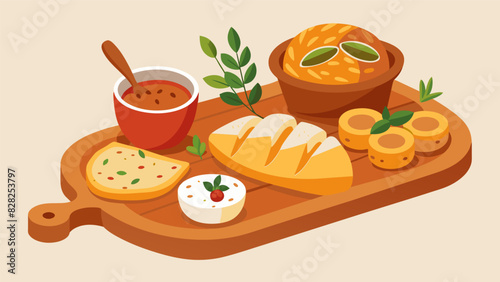 A rustic bread board featuring a mix of savory breads like sourdough focaccia and cheesy garlic pullapart alongside small bowls of herb butter. Vector illustration