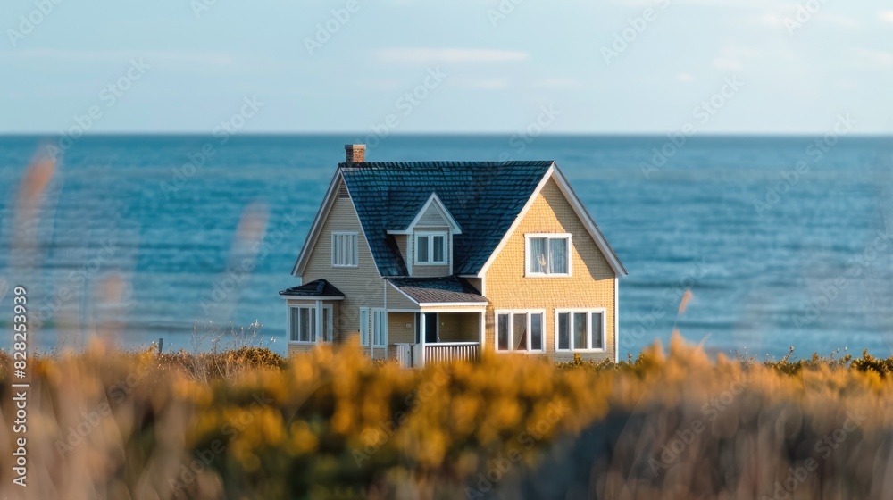 Symbol of home and family set against the sea s backdrop Symbol of home and family set against the sea s backdrop