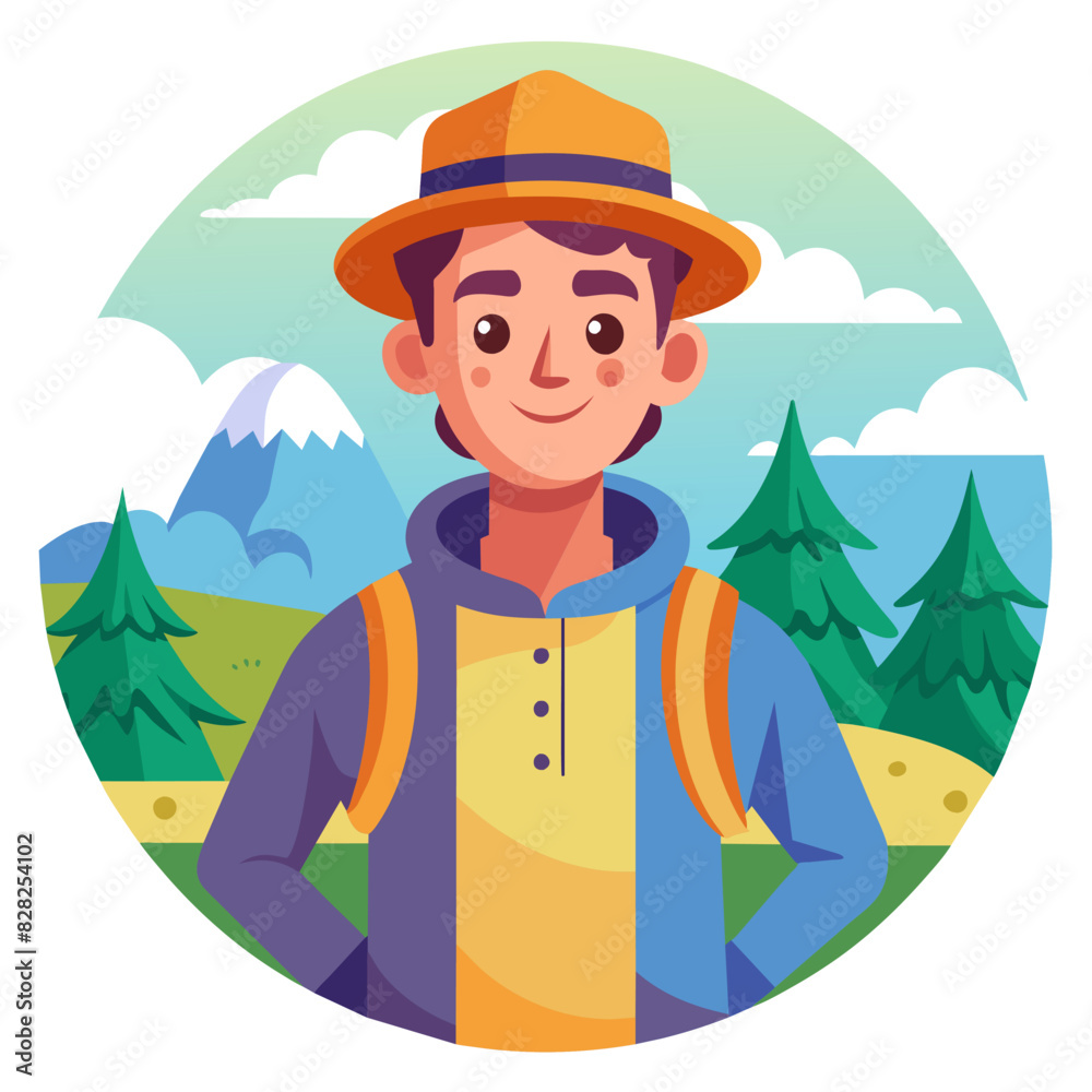 A man in hat and backpack stands in front of a mountain A man in hat and backpack stands in front of a mountain