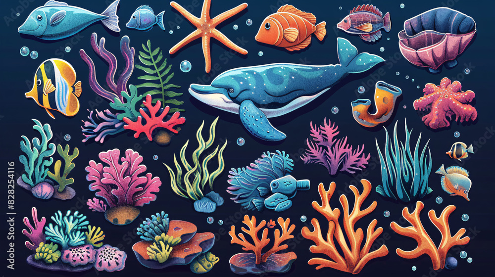 Obraz premium Cartoon set of marine life flora and fauna elements