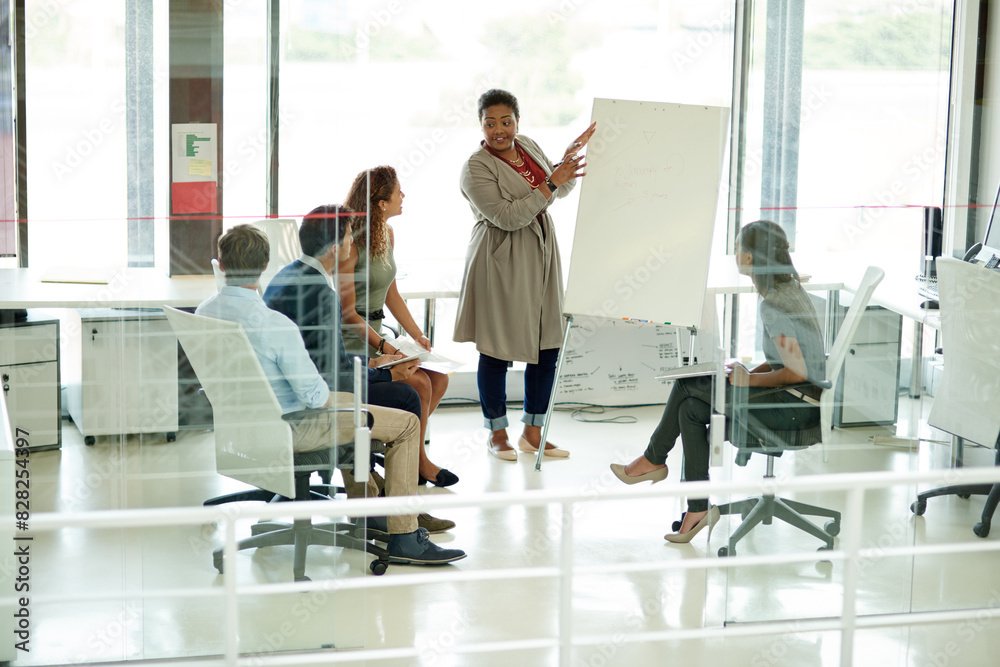 Woman, presentation and colleagues in office for meeting, business planning and white board demonstration. Presenter, company and goals or idea with strategy, collaboration with professional project Woman, presentation and colleagues in office for meeting, business planning and white board demonstration. Presenter, company and goals or idea with strategy, collaboration with professional project