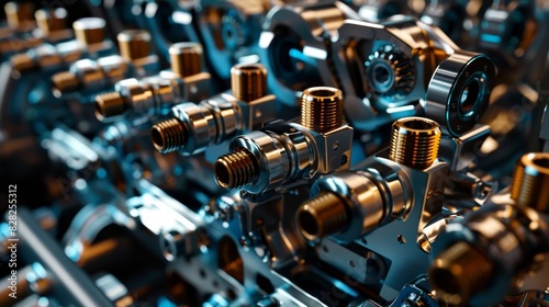 Automotive engine parts close-up display - pistons, cylinders, valves, camshafts, crankshafts photo