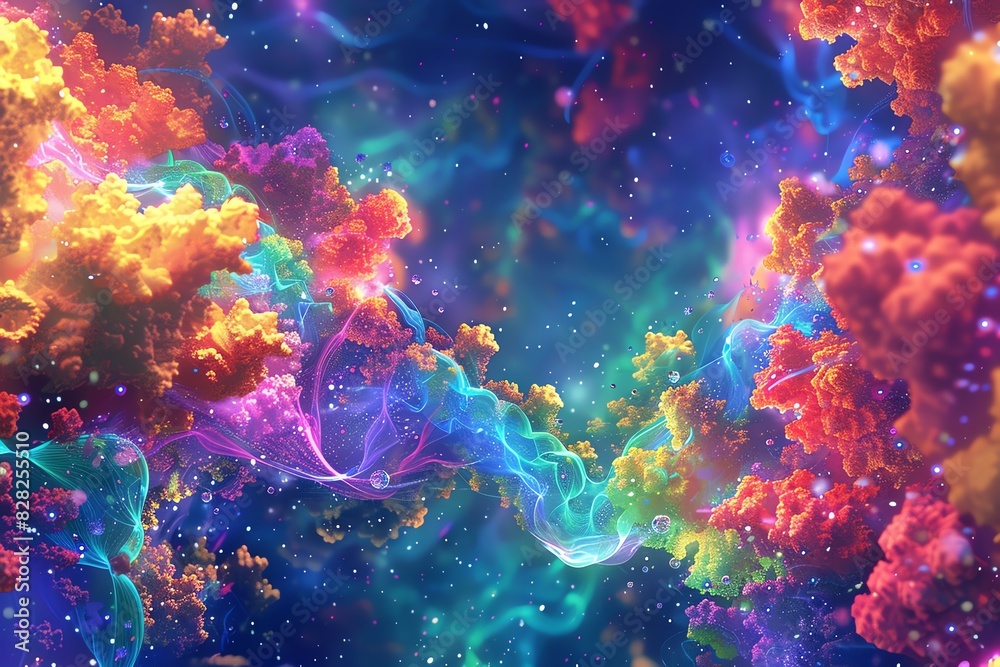 Capture the essence of cosmic energy flowing through a galaxy, reflecting the vitality of a colorful coral reef teeming with tiny elves Capture the essence of cosmic energy flowing through a galaxy, reflecting the vitality of a colorful coral reef teeming with tiny elves