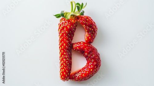 Character B made of strawberry  sharp outline  photography on white background
