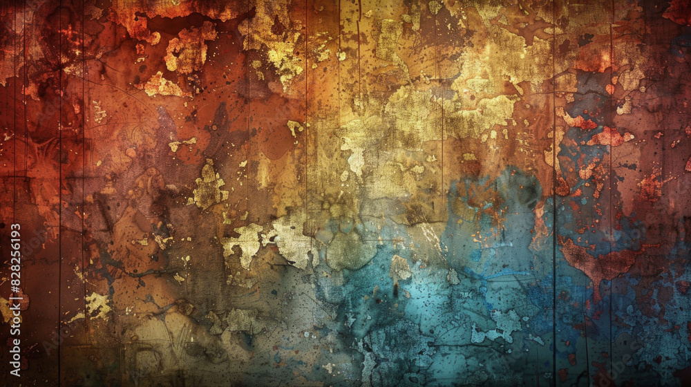 Obraz premium Grunge Texture Background and Ethereal Decay. A Rich Tapestry of Gold, Copper, and Azure in Abstract Grunge Texture.