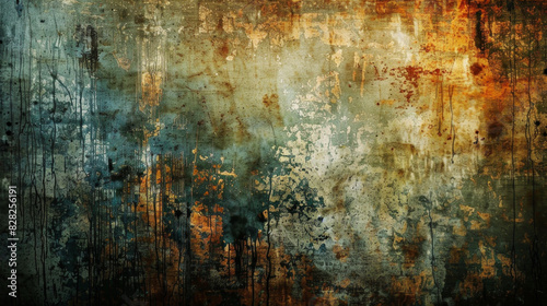 Grunge Texture Background and Urban Echoes. Abstract Industrial Decay with Rich Copper and Teal Textures.  photo