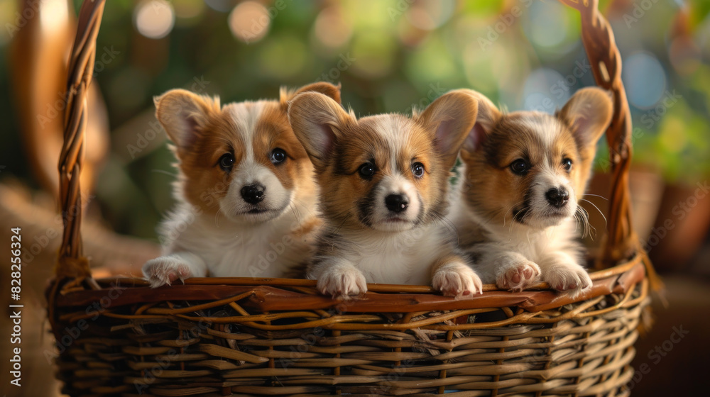 Small puppies in basket. Charming Trio of Pembroke Welsh Corgi Puppies Peeking from a Rustic Basket in a Lush Garden. Small puppies in basket. Charming Trio of Pembroke Welsh Corgi Puppies Peeking from a Rustic Basket in a Lush Garden.