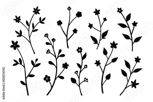 Set of hand drawn branches and flowers black vector on white background © mobarok8888