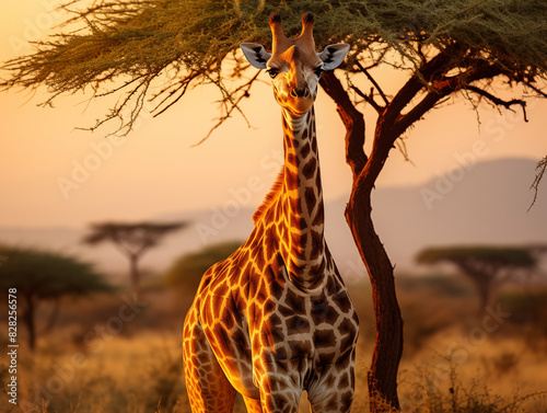 A Majestic Giraffe Standing Tall Against The Backdrop Of An African Savannah