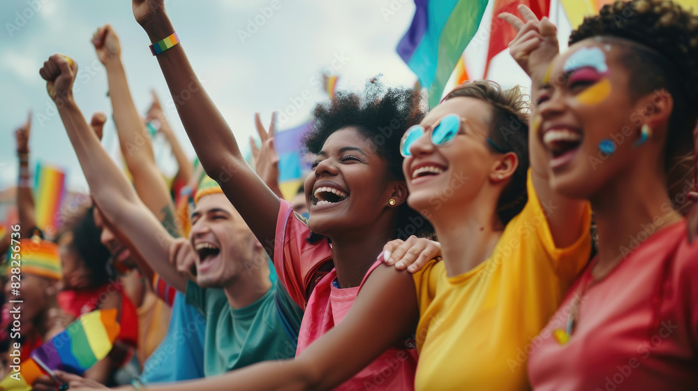 A diverse group of people joyfully celebrating with rainbow flags at a vibrant pride parade, showcasing unity and love. A diverse group of people joyfully celebrating with rainbow flags at a vibrant pride parade, showcasing unity and love.