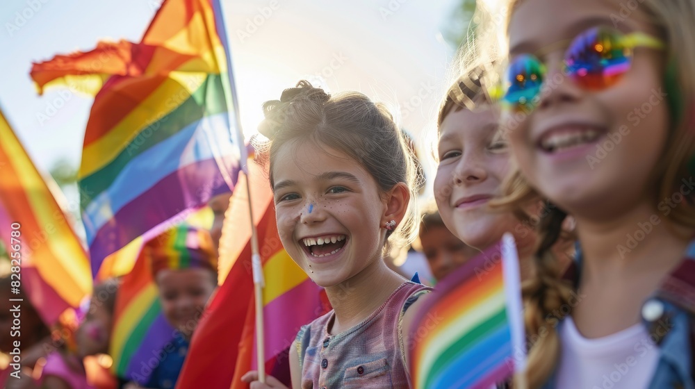 Joyful children waving pride flags, celebrating diversity and inclusion at an outdoor event with bright smiles and colorful flags. Joyful children waving pride flags, celebrating diversity and inclusion at an outdoor event with bright smiles and colorful flags.