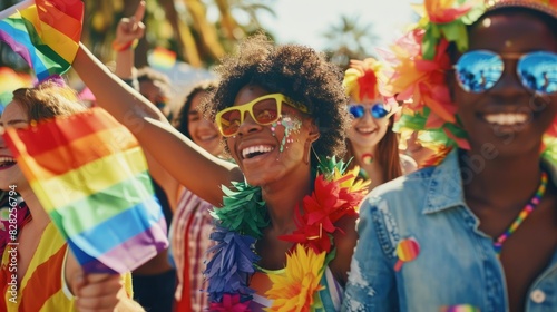 Joyful, colorful crowd celebrating an outdoor pride festival, waving rainbow flags, and enjoying a sunny day filled with happiness and unity.