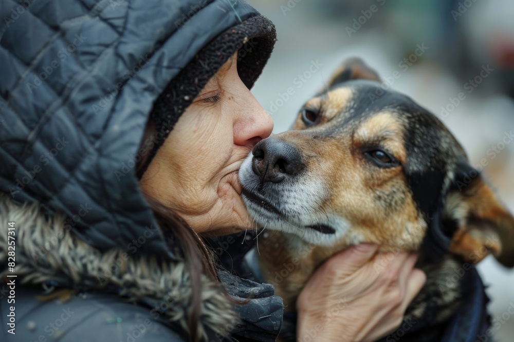 A close-up image capturing an affectionate moment between a person and their pet dog A close-up image capturing an affectionate moment between a person and their pet dog