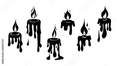 Vector set of black silhouette of flowing paraffin candles with fire isolated from background. Aromatherapy and festive icons. Monochrome candle wax tops. photo