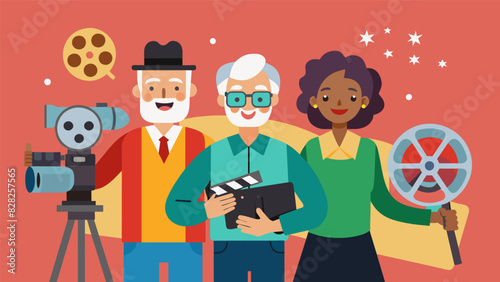Senior filmmakers showcase their work at a film festival proudly discussing the techniques and skills they learned at the workshops.. Vector illustration